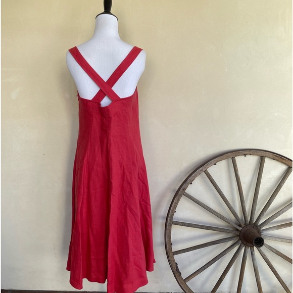 RALPH LAUREN Dress Cranberry Red 100% Linen Pockets Navy Lace-Up Zipper Sz 8 NEW - Picture 2 of 15